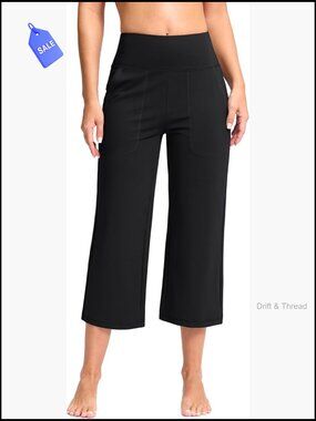 High Waist Wide Leg Capri Yoga Pants with Pockets 4-Way Stretch
